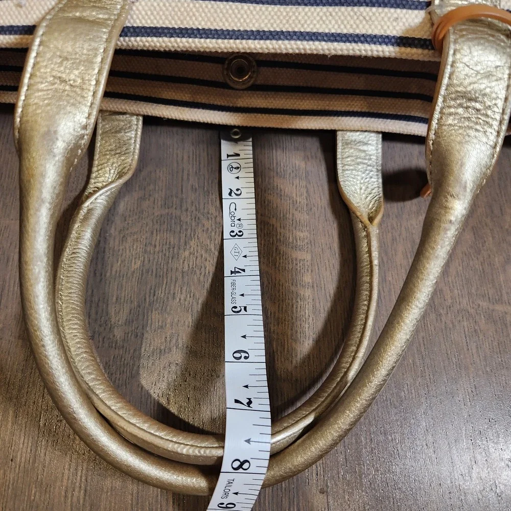 Tory Burch Striped Canvas Gold Metallic Leather Tote Bag Handbag Purse Nautical